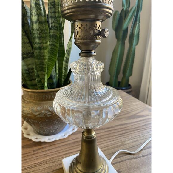 Vintage Midcentury Marble And Glass Lamp Hurricane Shade Brass Table Lamp - Picture 2 of 10
